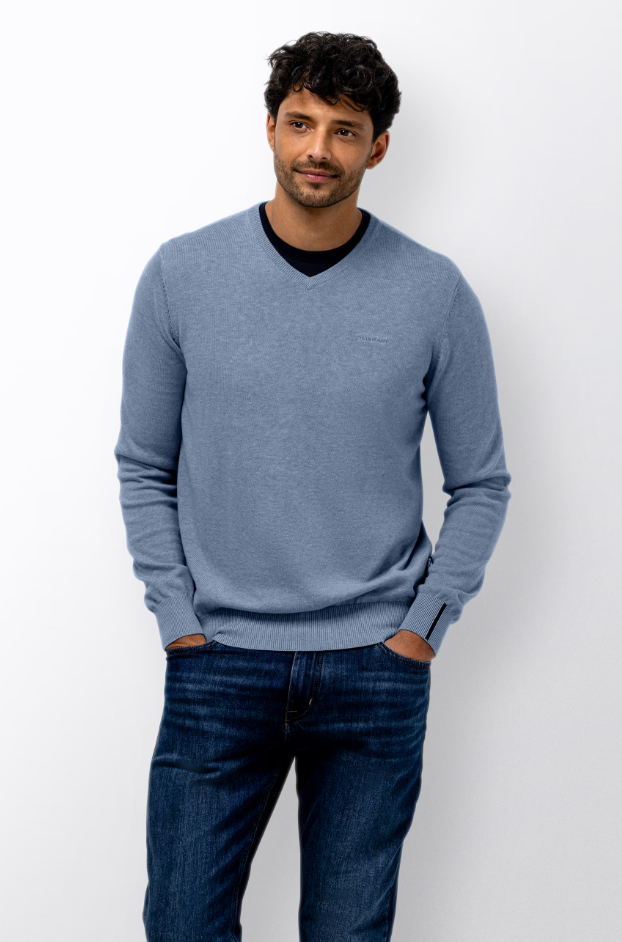 Trui State of Art fijngebreid V-hals - Middenblauw uni