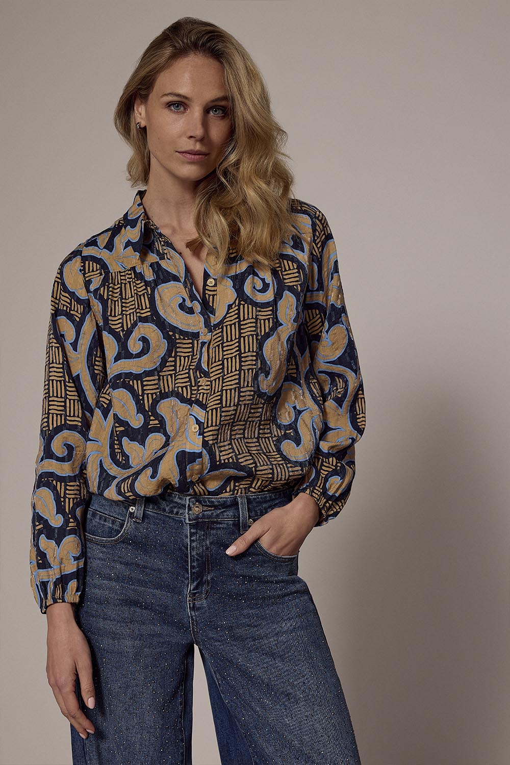 Blouse Tramontana modern rococo tie detail - Print blues