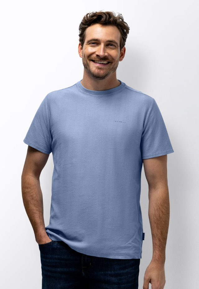 T-shirt State of Art met jacquard honingraatstructuur - Middenblauw uni