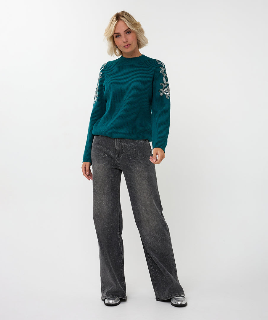 Trui Esqualo rib shoulder sequins - Teal