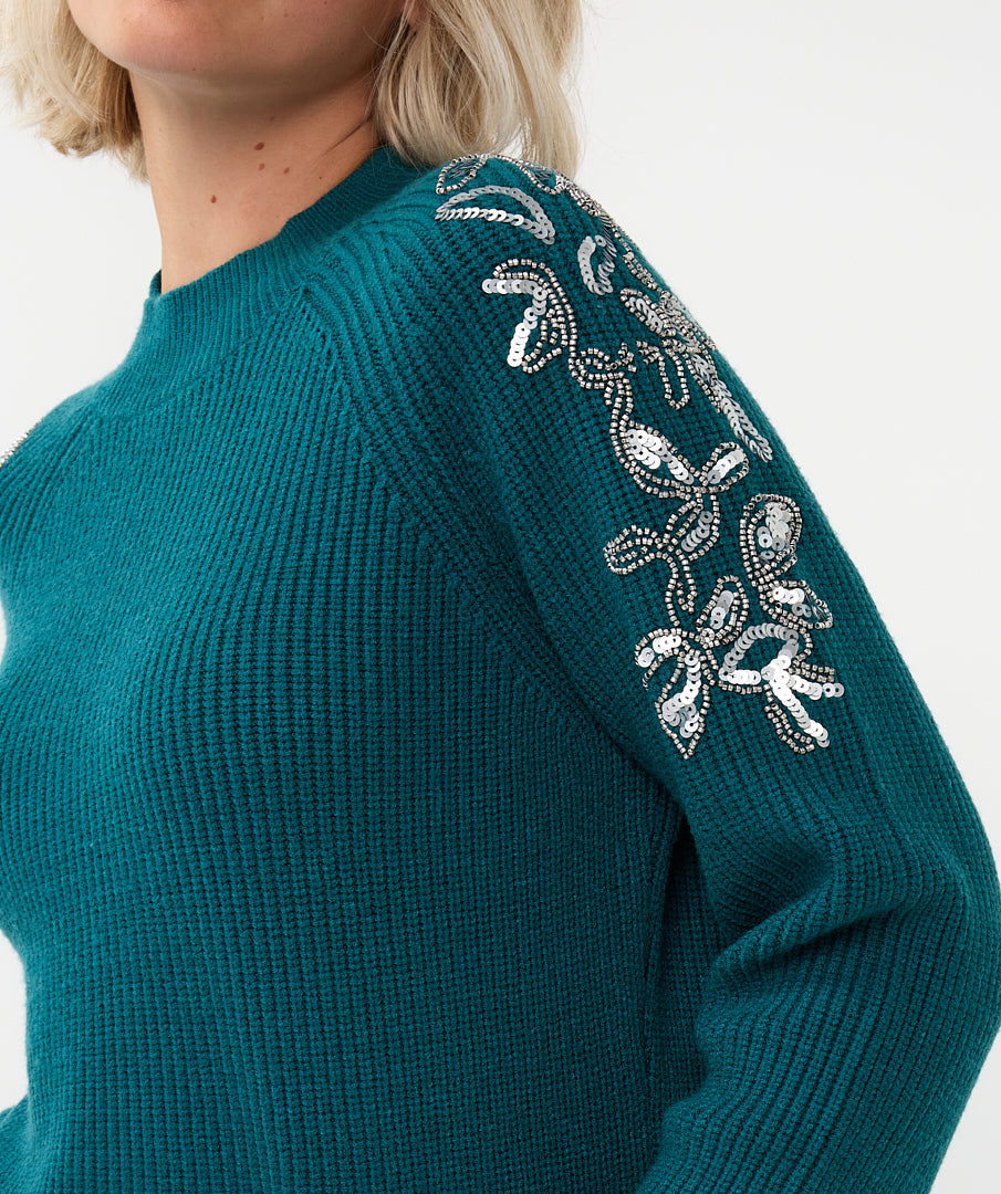 Trui Esqualo rib shoulder sequins - Teal