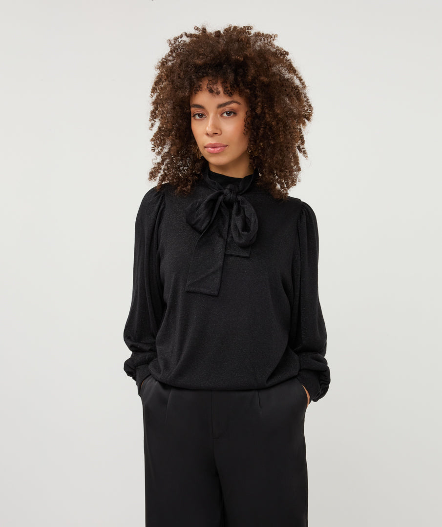 Blouse Esqualo bow wide sleeve lurex stretch - Black