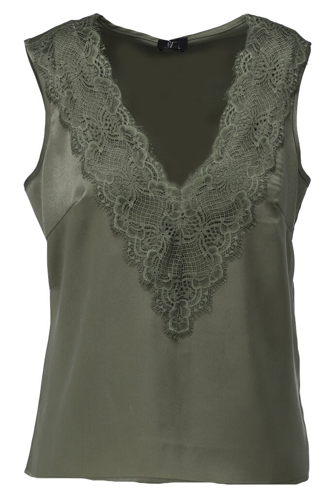 Top K-Design Satijn mouwloos met V-hals en kant - Dusky green
