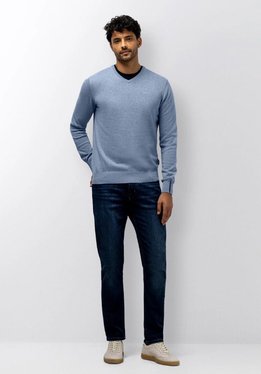 Trui State of Art fijngebreid V-hals - Middenblauw uni