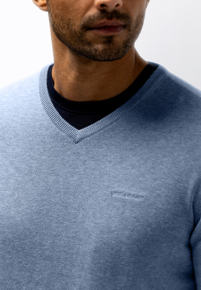 Trui State of Art fijngebreid V-hals - Middenblauw uni