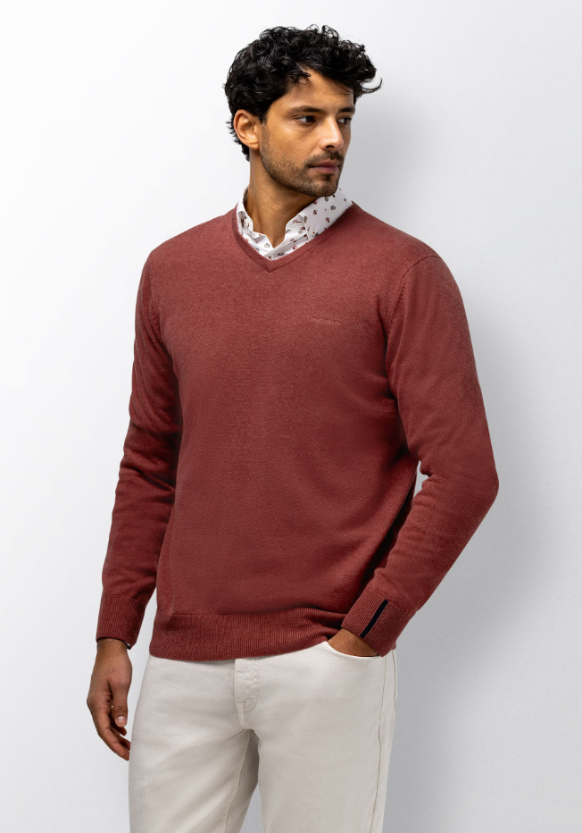 Trui State of Art fijngebreid V-hals - Kersrood uni