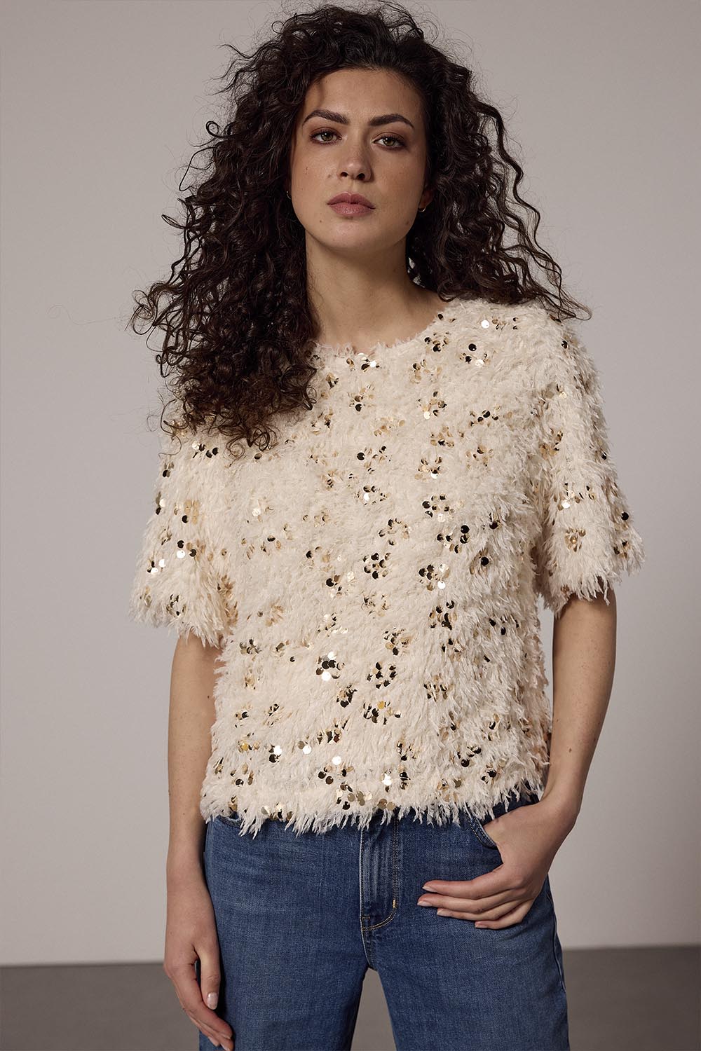 Blouse Tramontana feathered sequin top - Stone