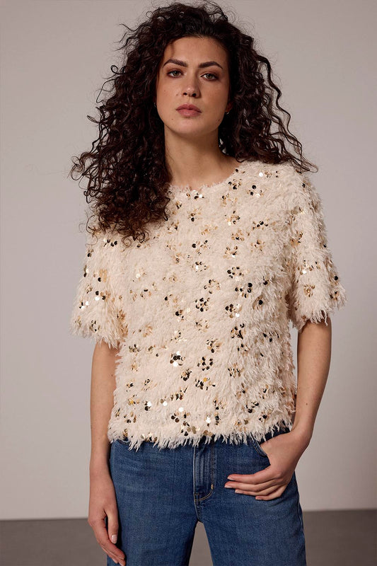 Blouse Tramontana feathered sequin top - Stone