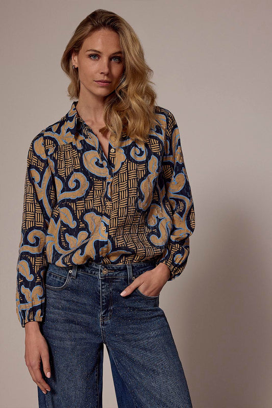 Blouse Tramontana modern rococo tie detail - Print blues