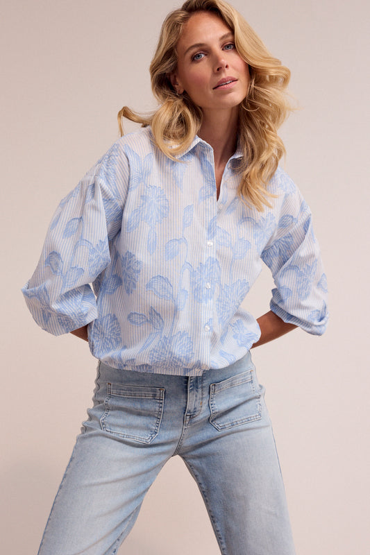 Blouse Tramontana striped flower pattern - Breezy blue