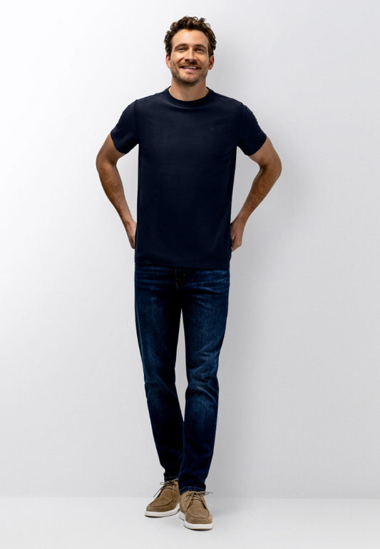 T-shirt State of Art met jacquard honingraatstructuur - Donkerblauw uni