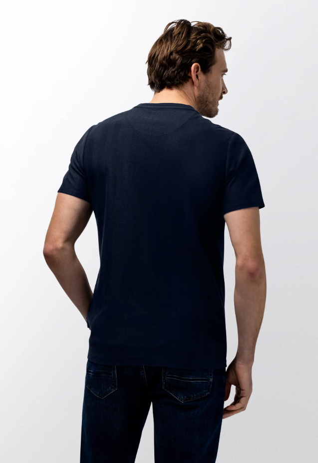 T-shirt State of Art met jacquard honingraatstructuur - Donkerblauw uni