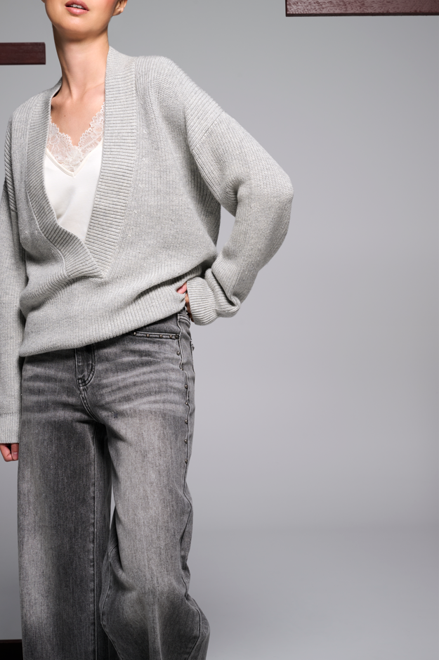 Pullover K-Design D808L met diepe V-hals - Light grey melange