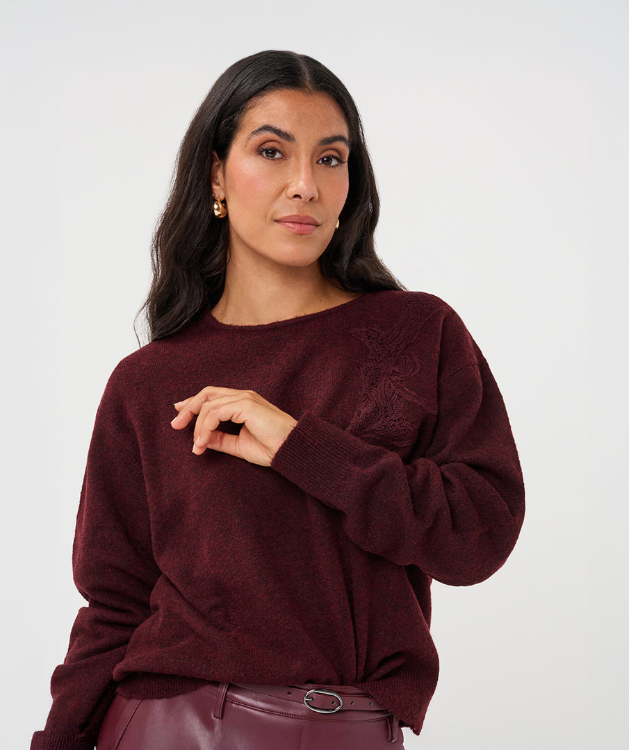 Trui Esqualo lace patch r/neck - Merlot