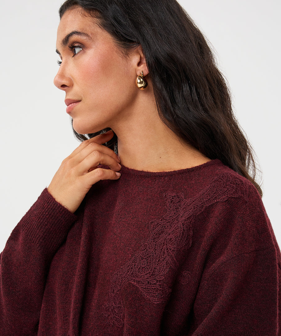 Trui Esqualo lace patch r/neck - Merlot