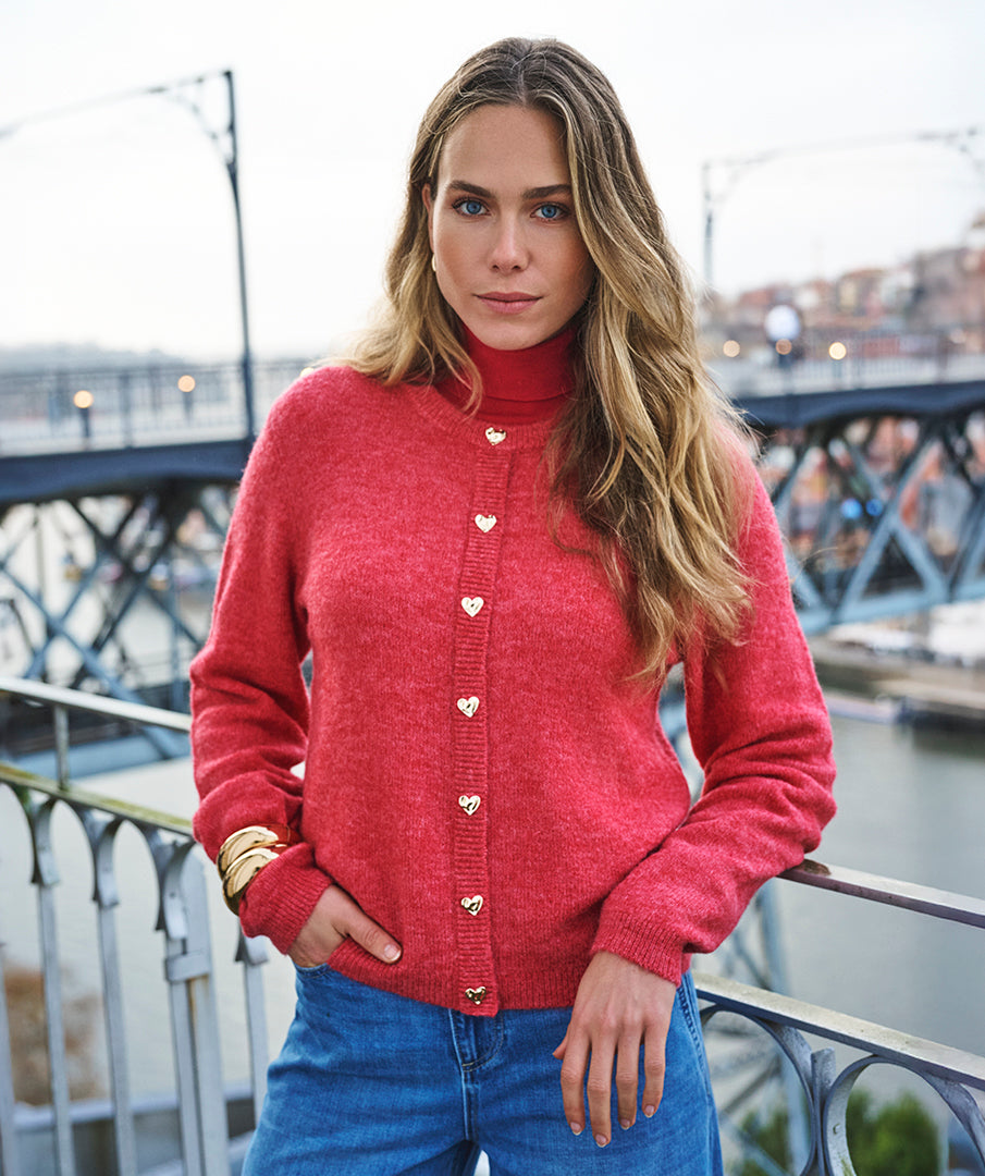 Closed cardigan Esqualo placket fancy buttons - Raspberry