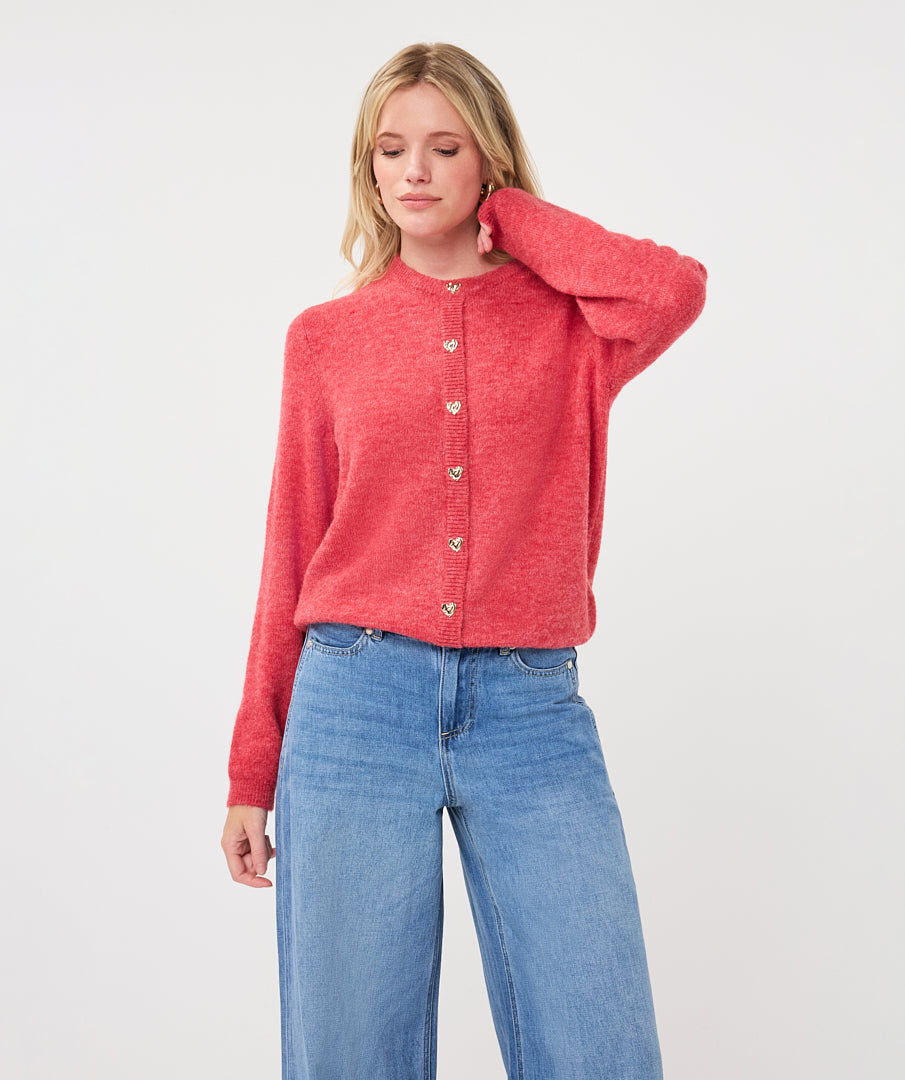 Closed cardigan Esqualo placket fancy buttons - Raspberry