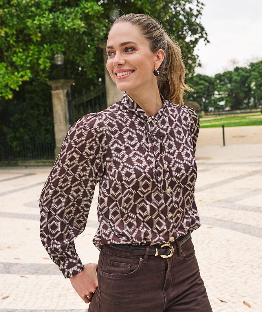 Blouse Esqualo short bow - Print warm cacao