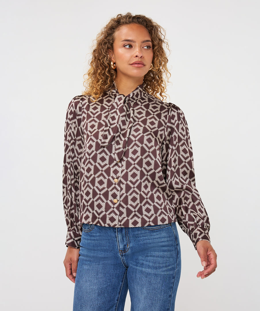 Blouse Esqualo short bow - Print warm cacao