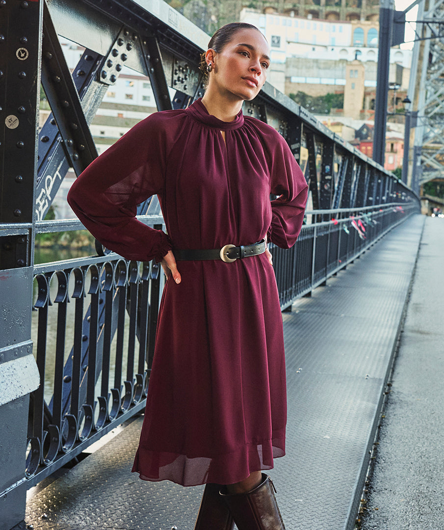 Jurk Esqualo mock neck chiffon - Merlot