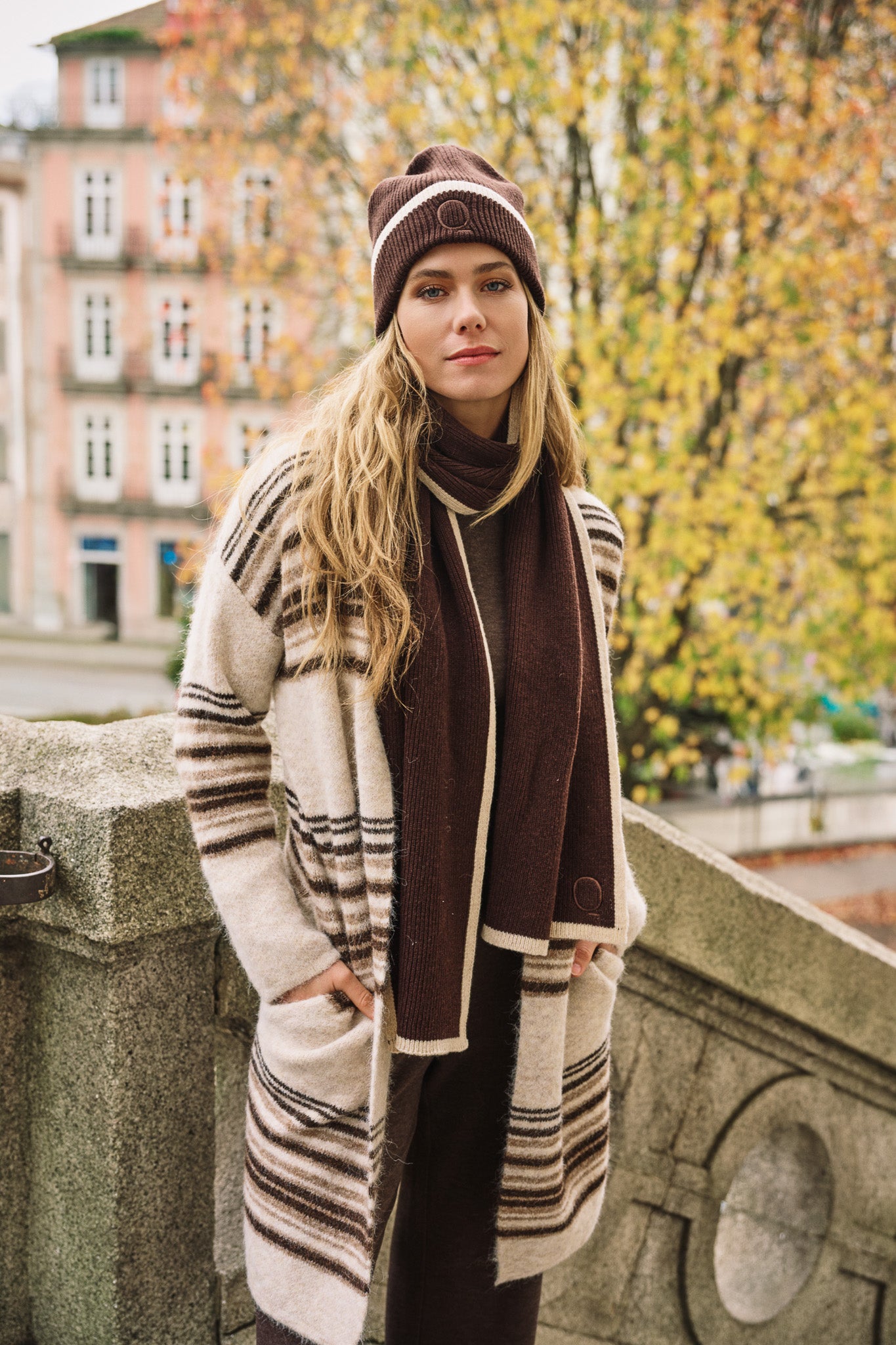 Cardigan Esqualo horizontal striped - Biscuit melange