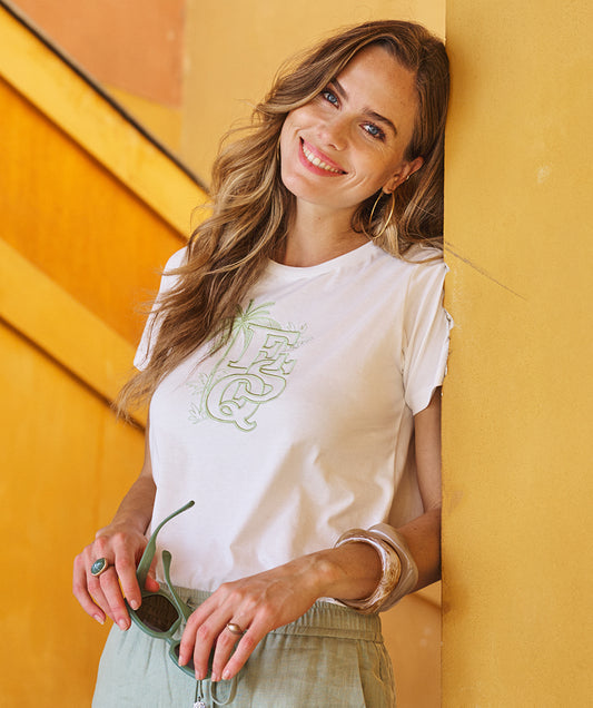 T-Shirt Esqualo 'Palm' embroidery - Off white/green