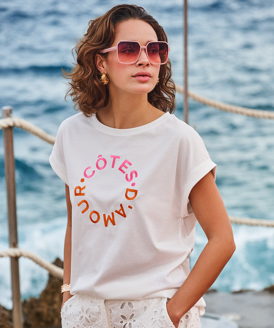 T-Shirt Esqualo rolled up slve 'cotes d'amour' - Off white/pink