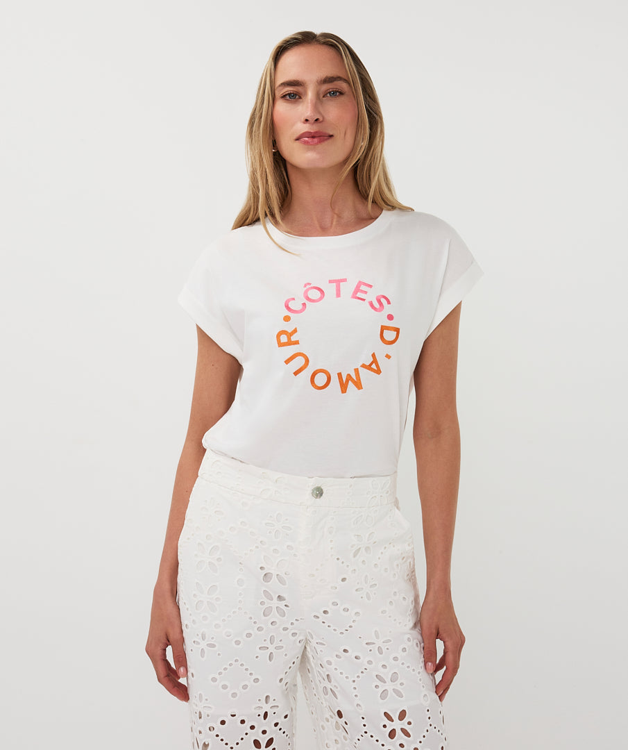 T-Shirt Esqualo rolled up slve 'cotes d'amour' - Off white/pink