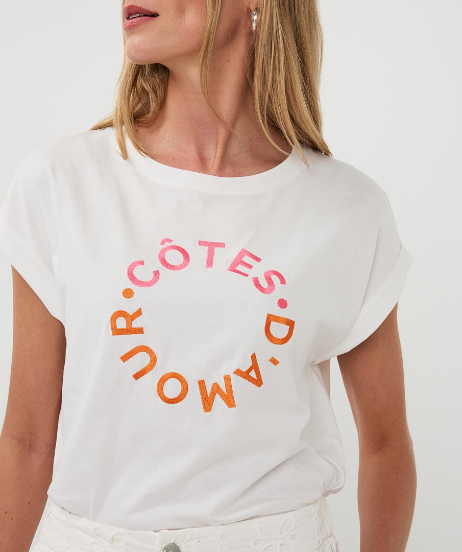 T-Shirt Esqualo rolled up slve 'cotes d'amour' - Off white/pink