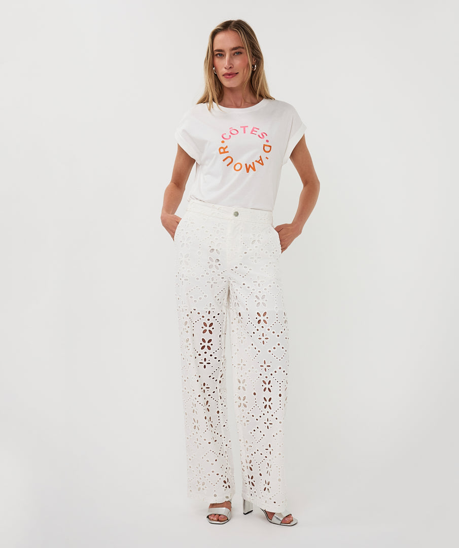 T-Shirt Esqualo rolled up slve 'cotes d'amour' - Off white/pink