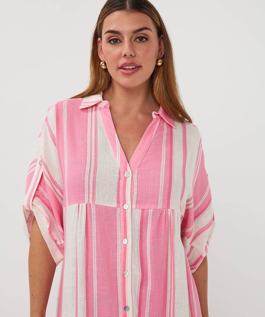 Jurk Esqualo long striped linen - Off white/pink