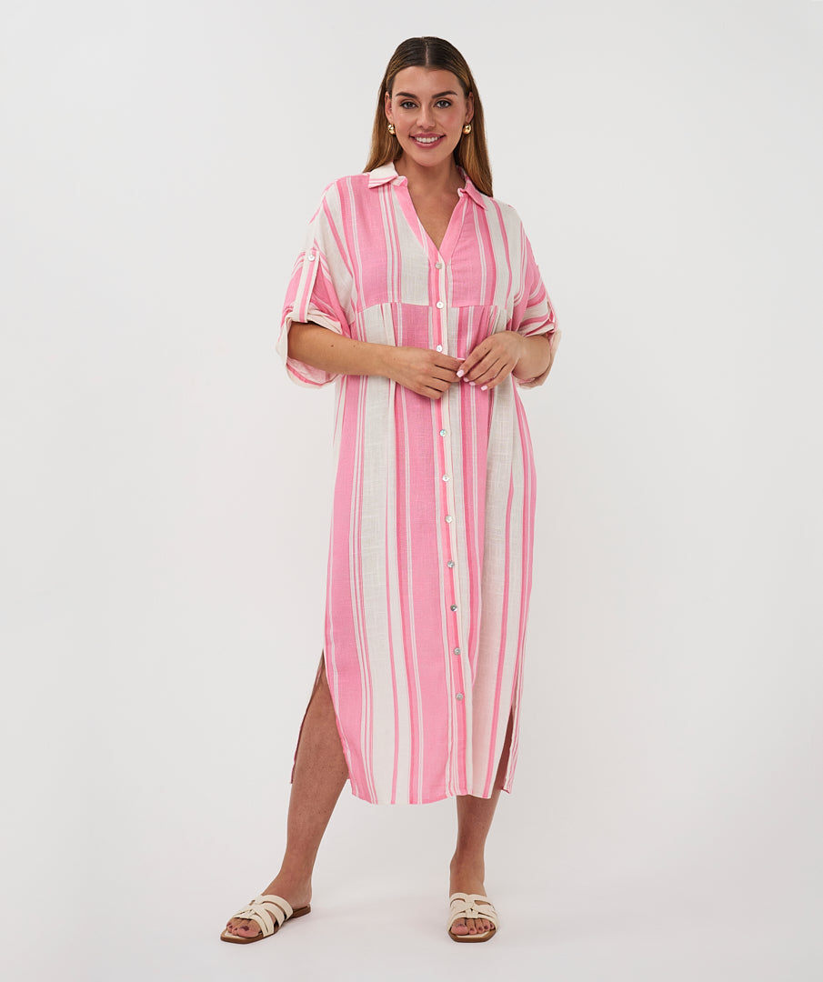 Jurk Esqualo long striped linen - Off white/pink