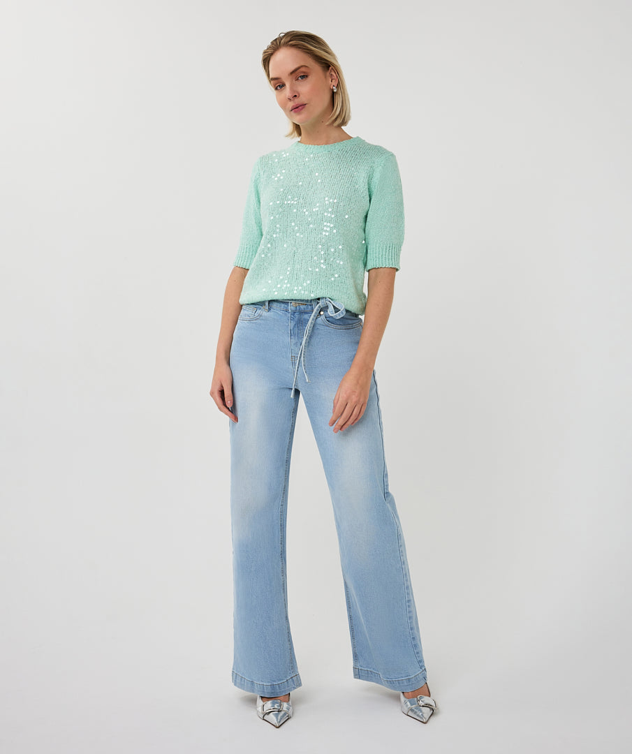 Sweater Esqualo short slve sequins - Light mint