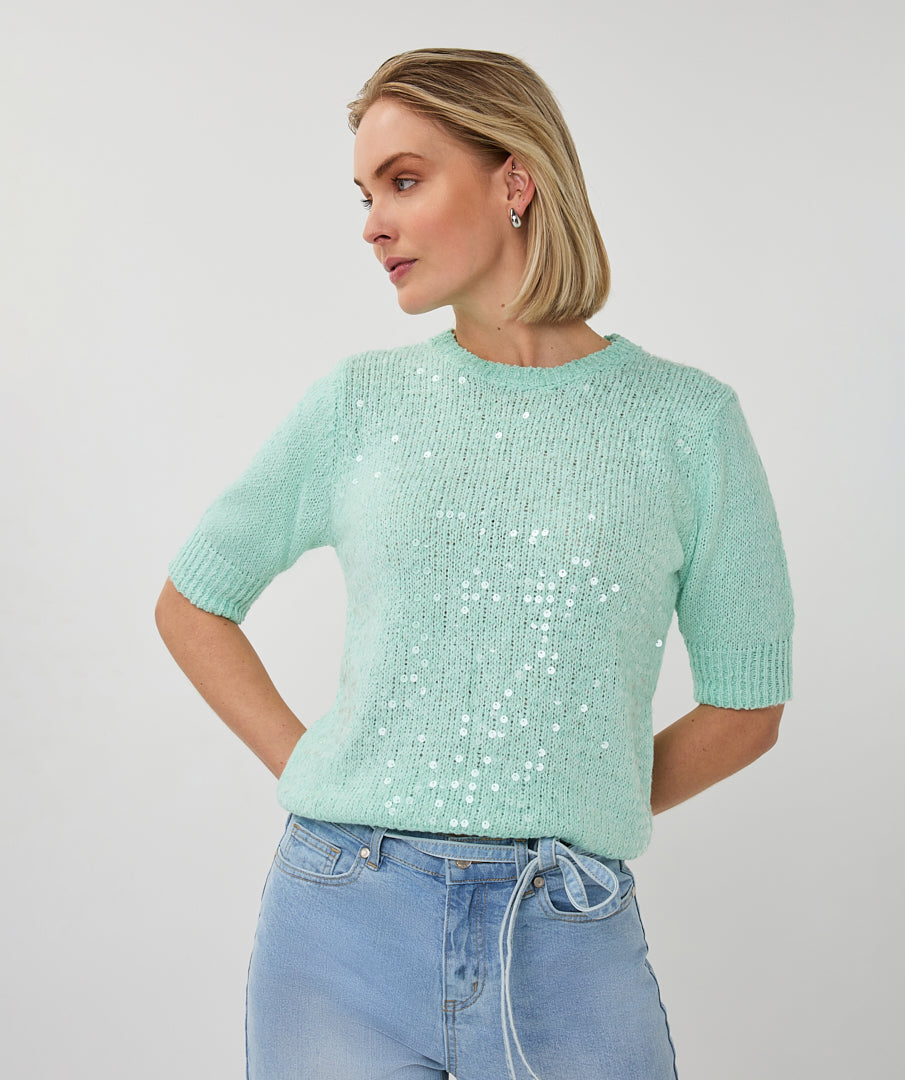 Sweater Esqualo short slve sequins - Light mint