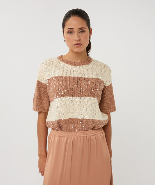 Trui Esqualo striped sequins - Ecru/cappuccino