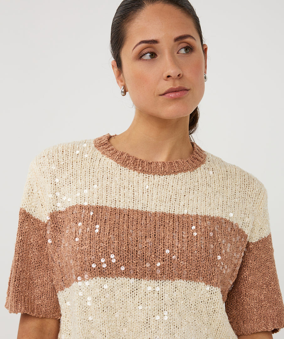 Trui Esqualo striped sequins - Ecru/cappuccino