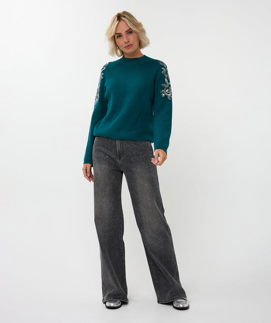 Trui Esqualo rib shoulder sequins - Teal