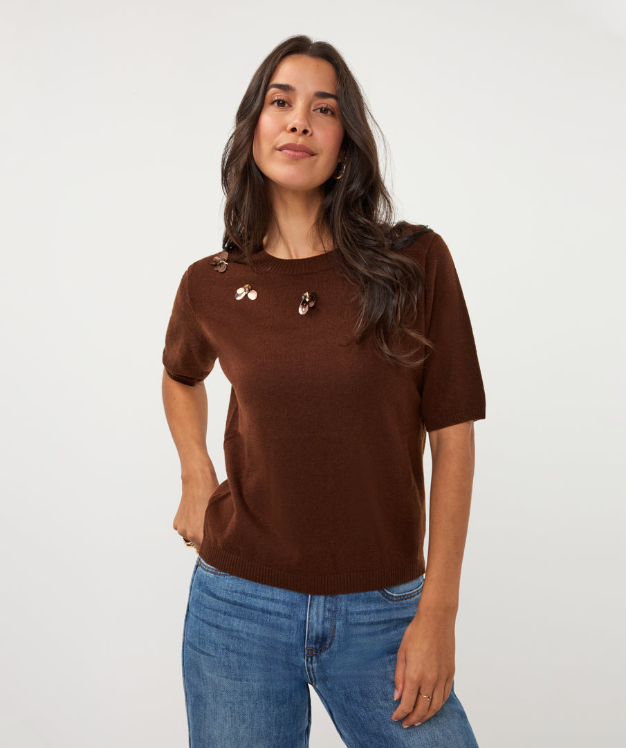 Pull Esqualo s/slve 3D flowers - Coffee