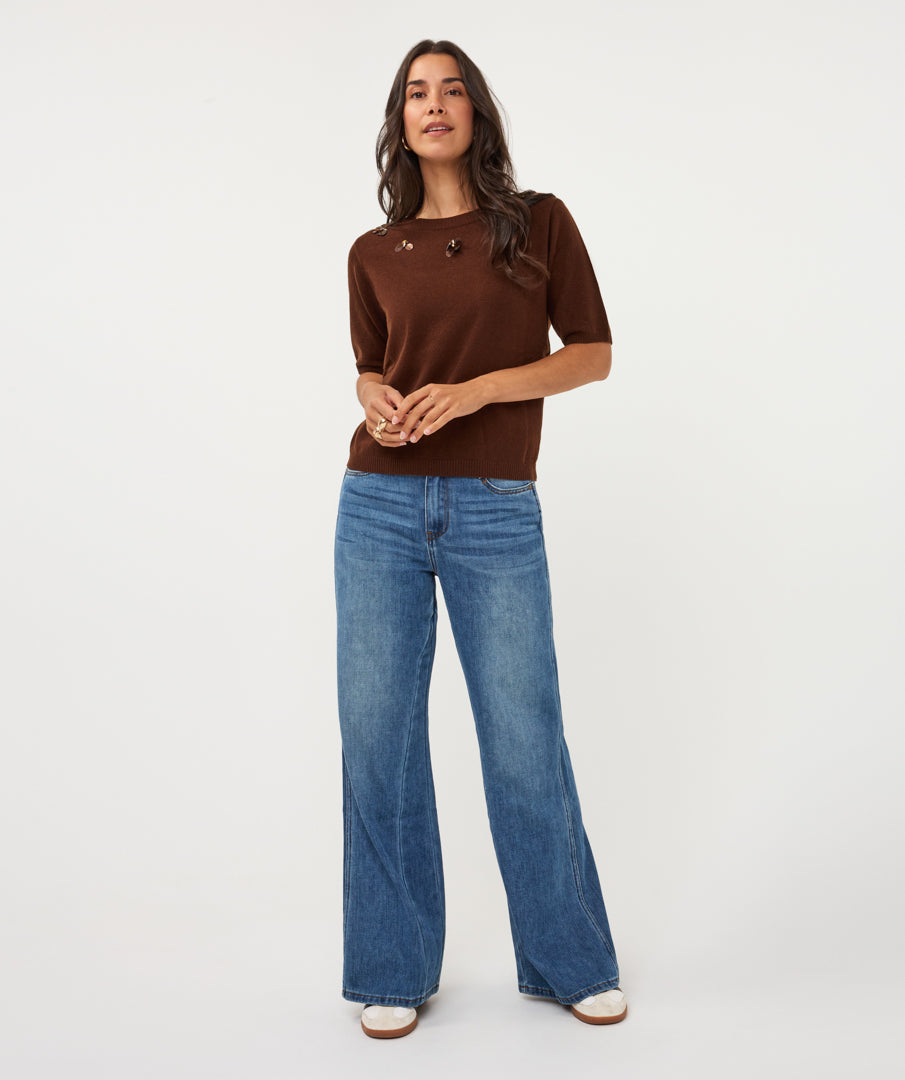 Pull Esqualo s/slve 3D flowers - Coffee