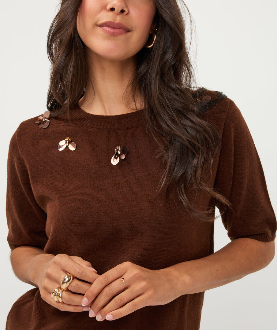 Pull Esqualo s/slve 3D flowers - Coffee