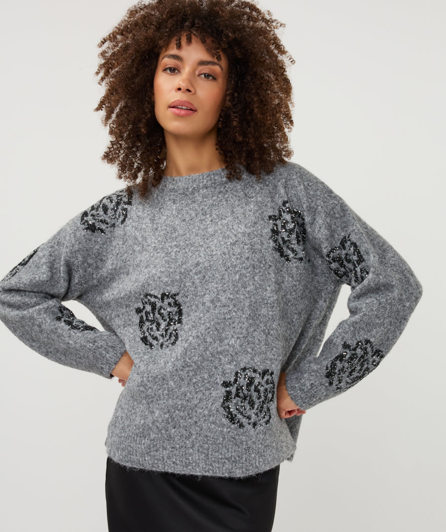 Trui Esqualo sequin flowers - Grey melange