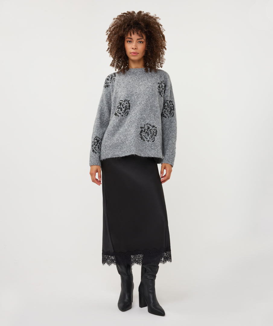 Trui Esqualo sequin flowers - Grey melange