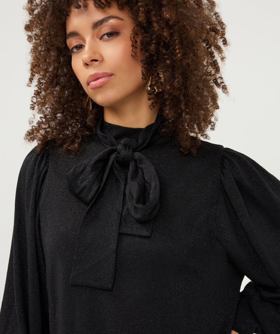 Blouse Esqualo bow wide sleeve lurex stretch - Black