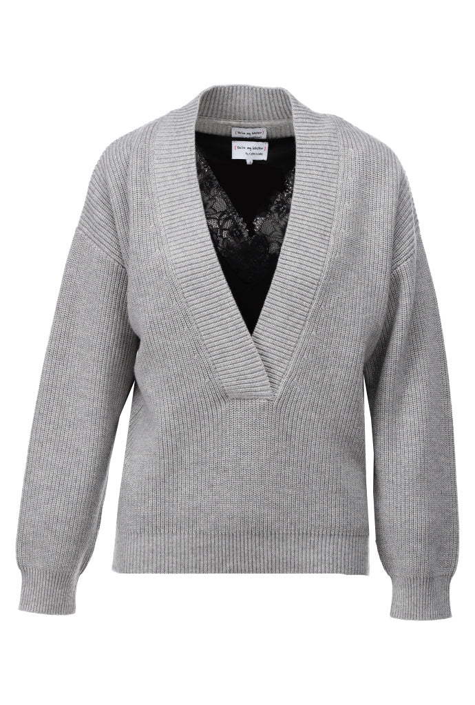 Pullover K-Design D808L met diepe V-hals - Light grey melange
