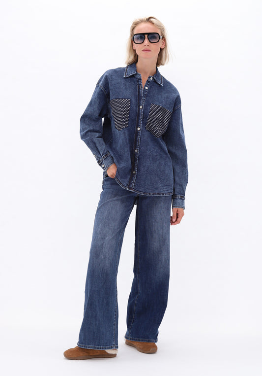 Jeanshemd K-Design D794L met strass - Blue denim